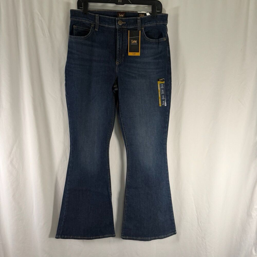 New Lee Flare Jeans Women's 12 Short Dark Wash Pockets High Rise Logo Patch